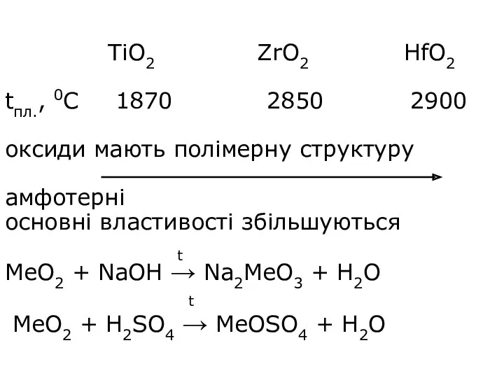 TiO2 ZrO2 HfO2 tпл., 0С 1870 2850 2900 оксиди мають