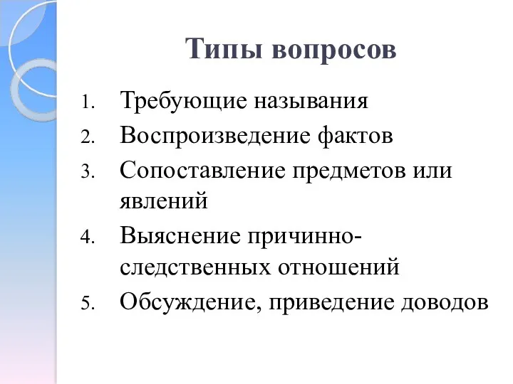 Типы вопросов Требующие называния Воспроизведение фактов Сопоставление предметов или явлений Выяснение причинно-следственных отношений Обсуждение, приведение доводов