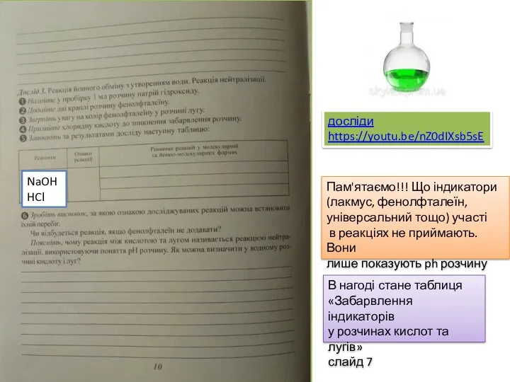 NaOH HCl досліди https://youtu.be/nZ0dIXsb5sE Пам'ятаємо!!! Що індикатори (лакмус, фенолфталеїн, універсальний