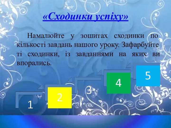 «Сходинки успіху» Намалюйте у зошитах сходинки по кількості завдань нашого