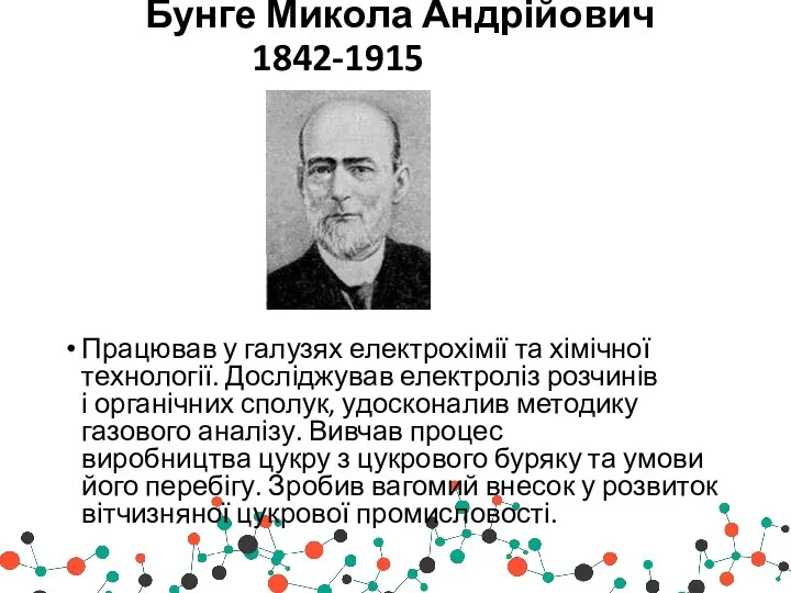 Бунге Микола Андрійович 1842-1915 Працював у галузях електрохімії та хімічної