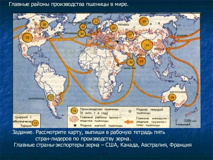 Задание. Рассмотрите карту, выпиши в рабочую тетрадь пять стран-лидеров по