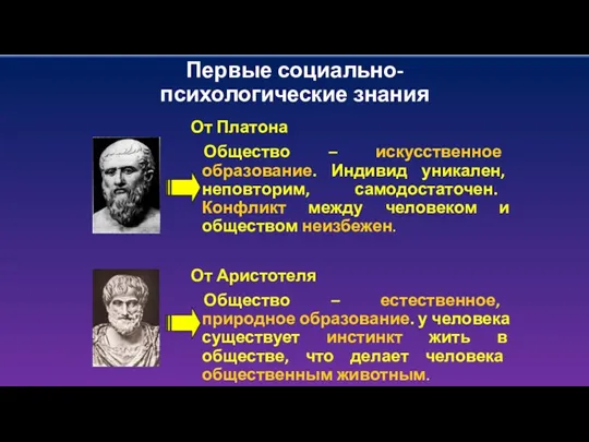 Первые социально-психологические знания От Платона Общество – искусственное образование. Индивид уникален, неповторим, самодостаточен.