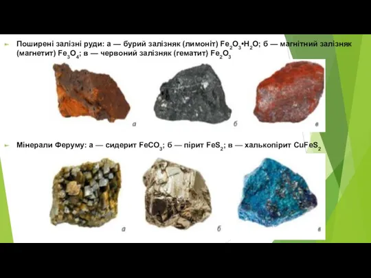 Поширені залізні руди: а — бурий залізняк (лимоніт) Fe2О3•H2О; б — магнітний залізняк