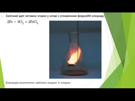 Залізний дріт активно згоряє у хлорі з утворенням ферум(ІІІ) хлориду: Взаємодія розпечених залізних ошурок із хлором