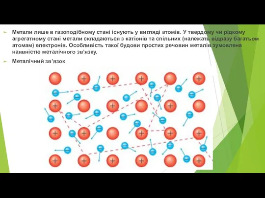 Метали лише в газоподібному стані існують у вигляді атомів. У твердому чи рідкому