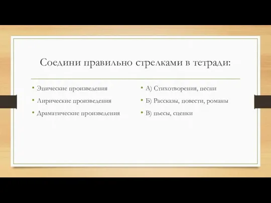 Соедини правильно стрелками в тетради: Эпические произведения Лирические произведения Драматические