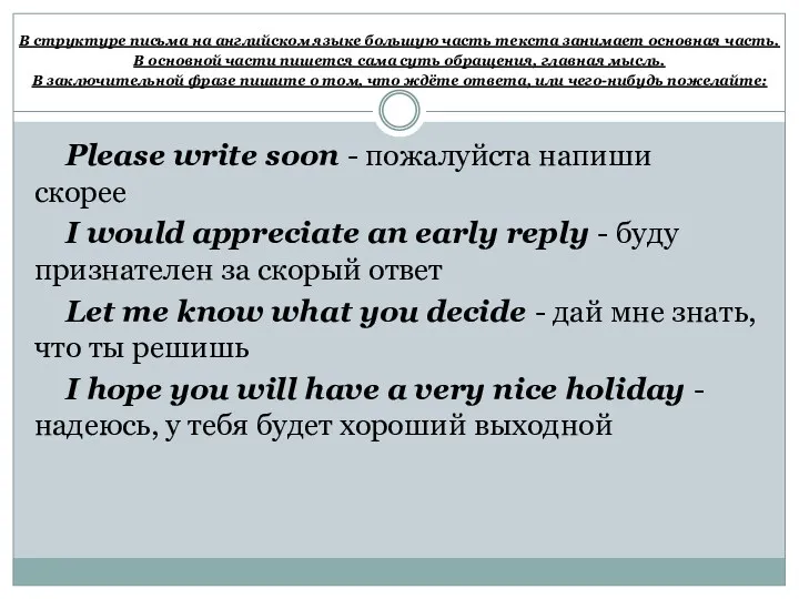 В структуре письма на английском языке большую часть текста занимает