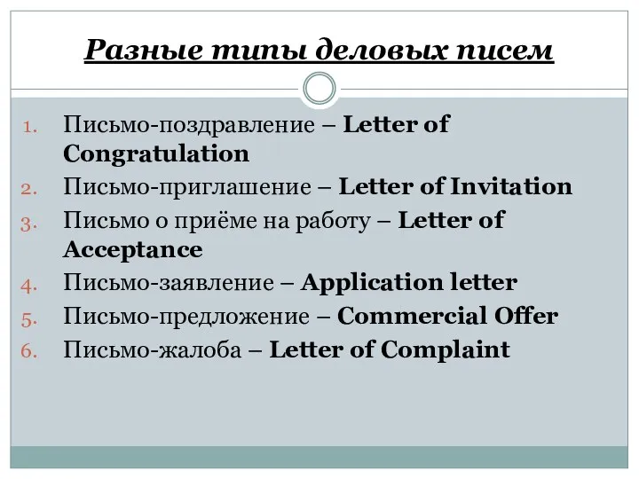 Разные типы деловых писем Письмо-поздравление – Letter of Congratulation Письмо-приглашение