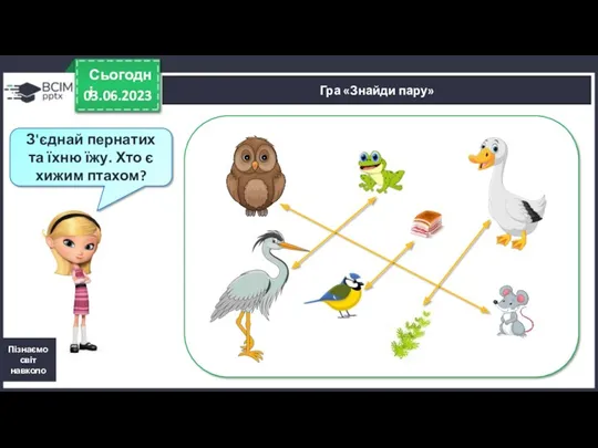 03.06.2023 Сьогодні Гра «Знайди пару» Пізнаємо світ навколо З'єднай пернатих