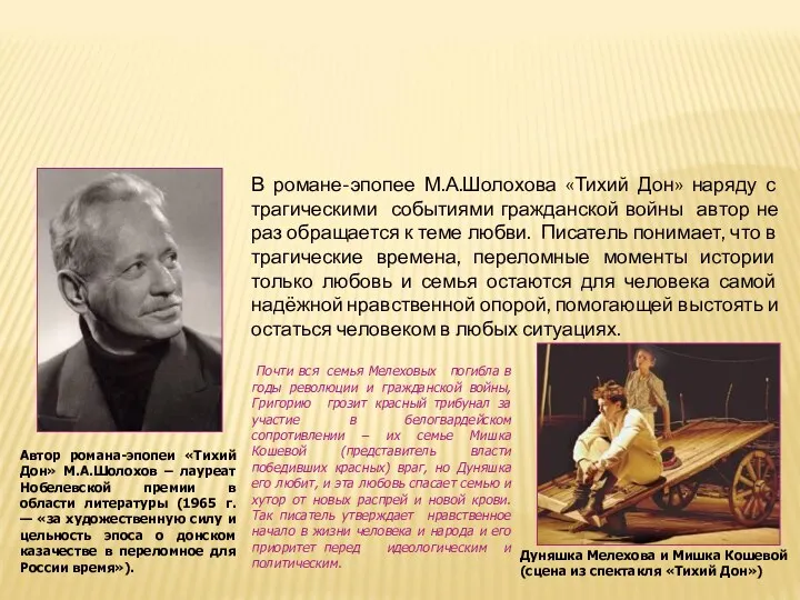 Автор романа-эпопеи «Тихий Дон» М.А.Шолохов – лауреат Нобелевской премии в