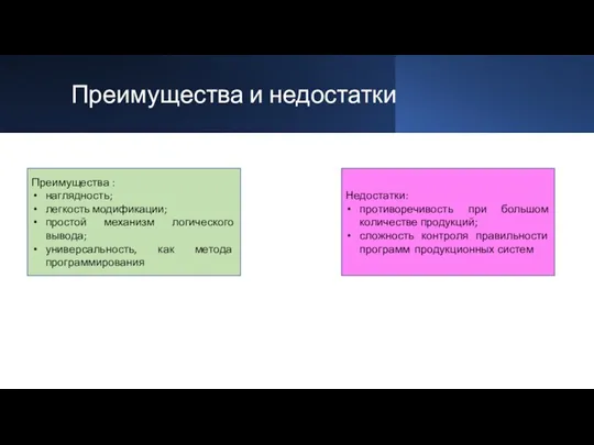 Преимущества и недостатки Преимущества : наглядность; легкость модификации; простой механизм