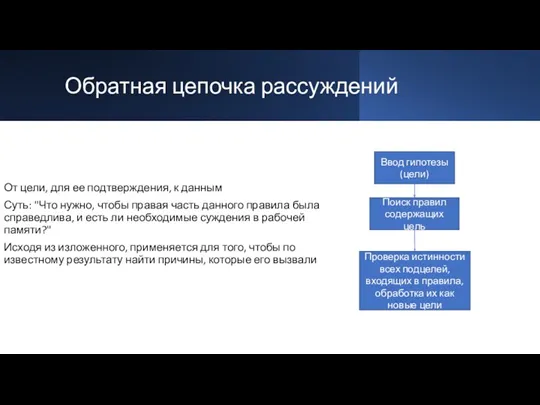 Обратная цепочка рассуждений От цели, для ее подтверждения, к данным