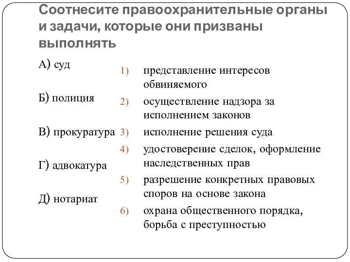 Соотнесите правоохранительные органы и задачи, которые они призваны выполнять А)