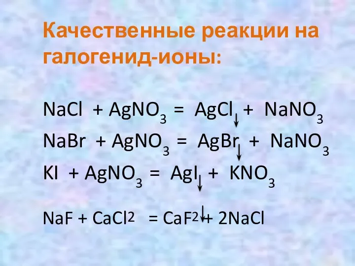 Качественные реакции на галогенид-ионы: NaCl + AgNO3 = AgCl +