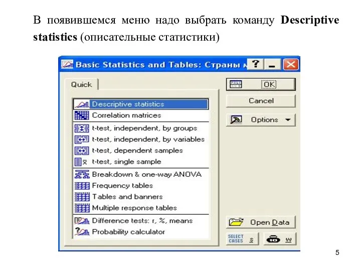 В появившемся меню надо выбрать команду Descriptive statistics (описательные статистики)