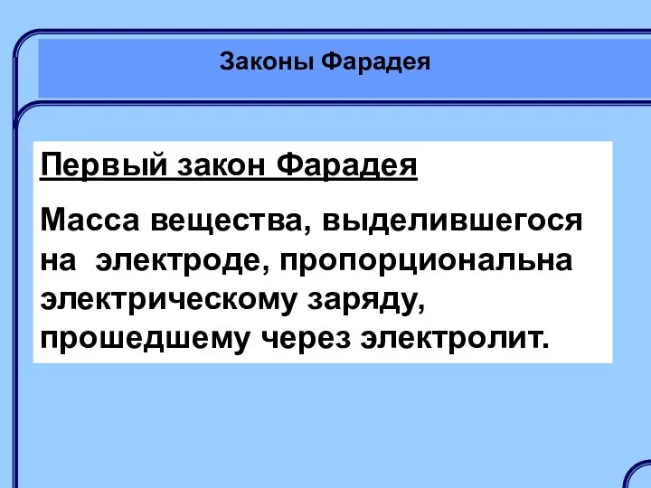 Законы Фарадея Первый закон Фарадея Масса вещества, выделившегося на электроде, пропорциональна электрическому заряду, прошедшему через электролит.