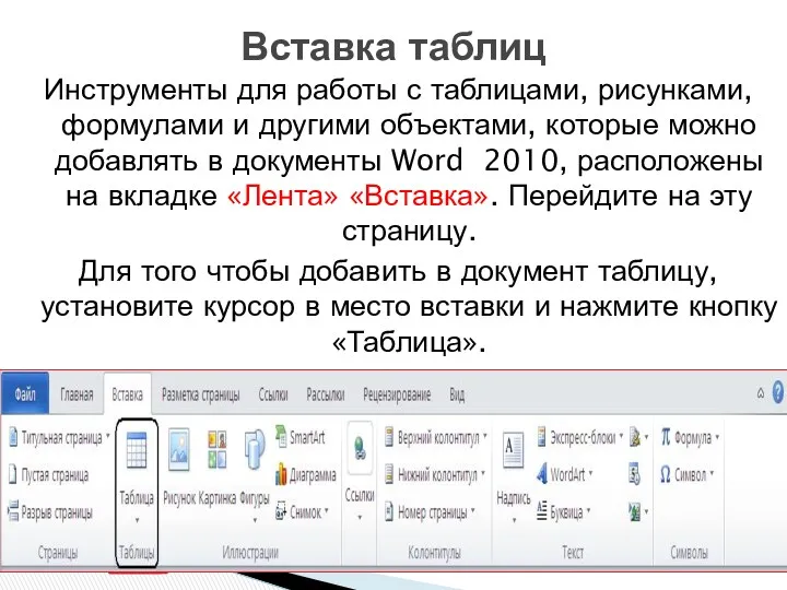 Вставка таблиц Инструменты для работы с таблицами, рисунками, формулами и