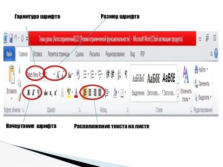 Гарнитура шрифта Размер шрифта Начертание шрифта Расположение текста на листе