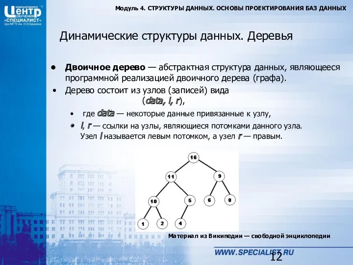 Модуль 4. СТРУКТУРЫ ДАННЫХ. ОСНОВЫ ПРОЕКТИРОВАНИЯ БАЗ ДАННЫХ Динамические структуры данных. Деревья Материал