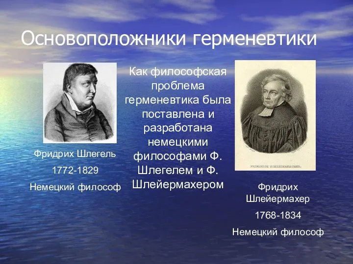 Основоположники герменевтики Фридрих Шлегель 1772-1829 Немецкий философ Фридрих Шлейермахер 1768-1834