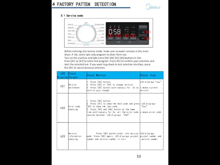 4 FACTORY PATTEN DETECTION 5.1 Service mode Before entering into