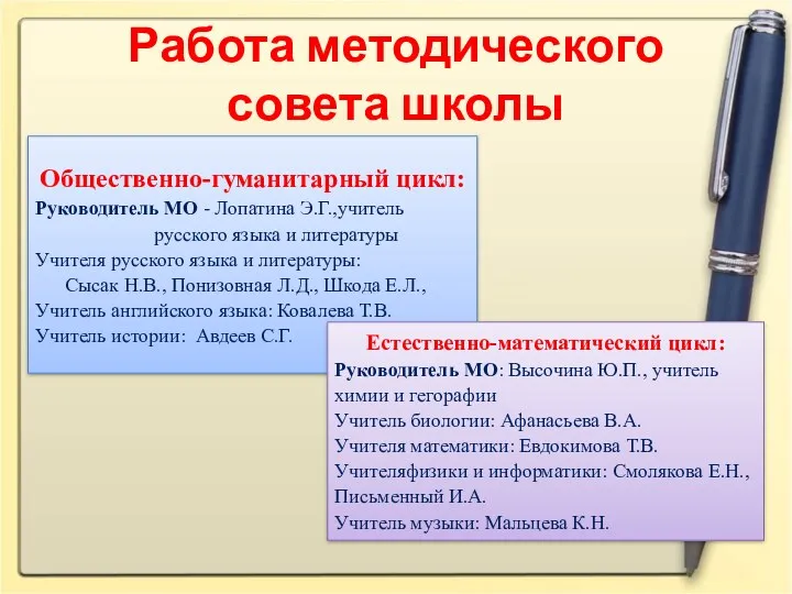 Работа методического совета школы Общественно-гуманитарный цикл: Руководитель МО - Лопатина