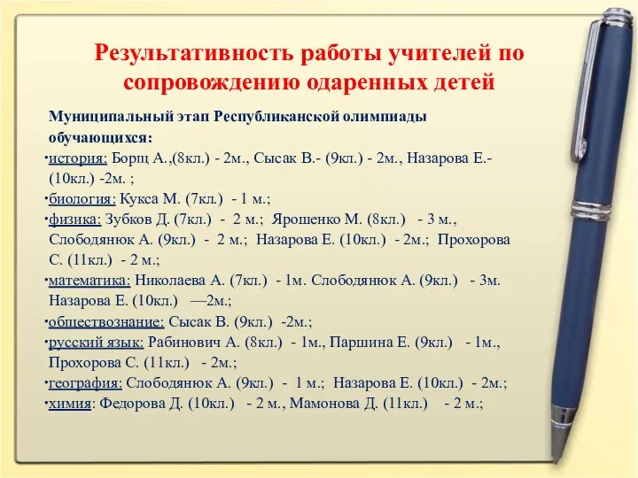 Результативность работы учителей по сопровождению одаренных детей Муниципальный этап Республиканской