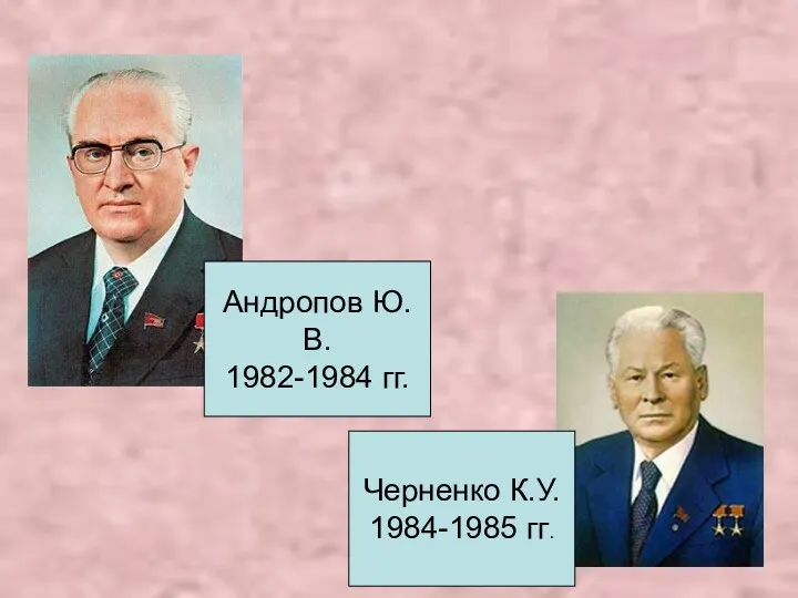 Андропов Ю.В. 1982-1984 гг. Черненко К.У. 1984-1985 гг.