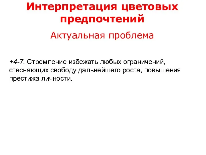 Интерпретация цветовых предпочтений Актуальная проблема +4-7. Стремление избежать любых ограничений,