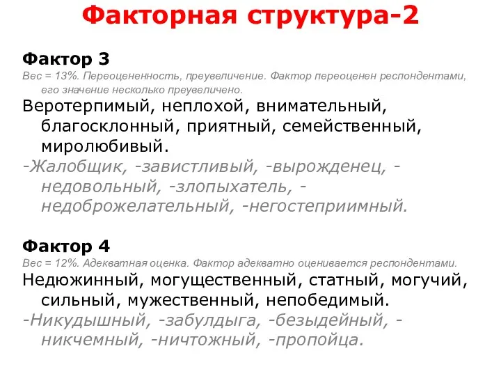 Факторная структура-2 Фактор 3 Вес = 13%. Переоцененность, преувеличение. Фактор