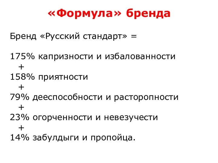 «Формула» бренда Бренд «Русский стандарт» = 175% капризности и избалованности