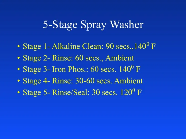 5-Stage Spray Washer Stage 1- Alkaline Clean: 90 secs.,1400 F Stage 2- Rinse: