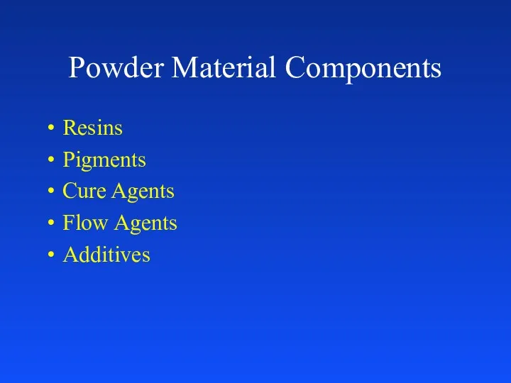 Powder Material Components Resins Pigments Cure Agents Flow Agents Additives