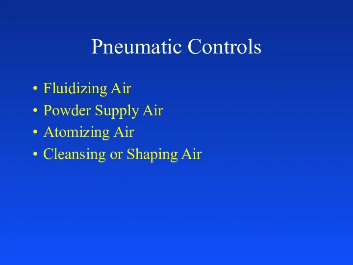 Pneumatic Controls Fluidizing Air Powder Supply Air Atomizing Air Cleansing or Shaping Air