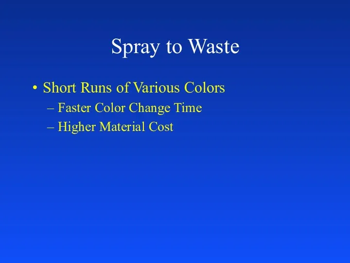 Spray to Waste Short Runs of Various Colors Faster Color Change Time Higher Material Cost