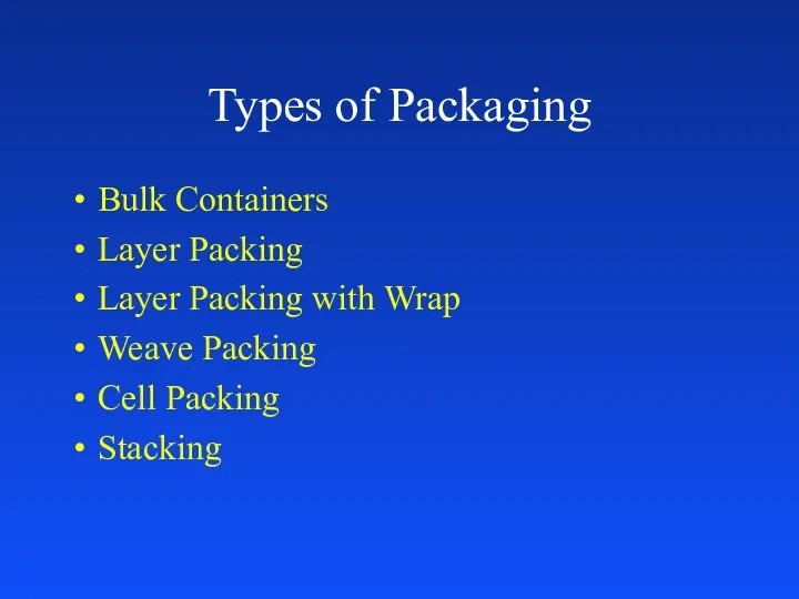 Types of Packaging Bulk Containers Layer Packing Layer Packing with Wrap Weave Packing Cell Packing Stacking