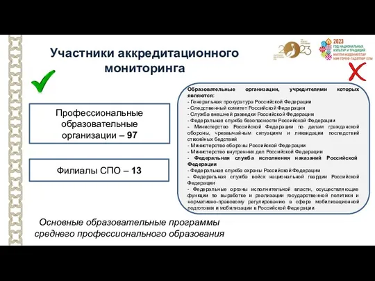 Участники аккредитационного мониторинга Образовательные организации, учредителями которых являются: - Генеральная прокуратура Российской Федерации