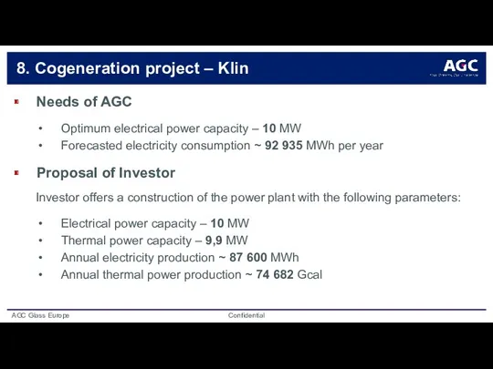 8. Cogeneration project – Klin Needs of AGC Optimum electrical