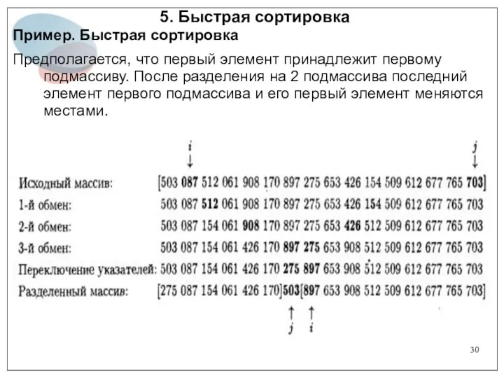 5. Быстрая сортировка Пример. Быстрая сортировка Предполагается, что первый элемент