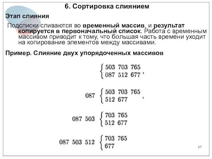 6. Сортировка слиянием Этап слияния Подсписки сливаются во временный массив,