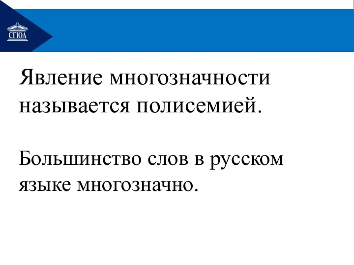 Явление многозначности называется полисемией. Большинство слов в русском языке многозначно.