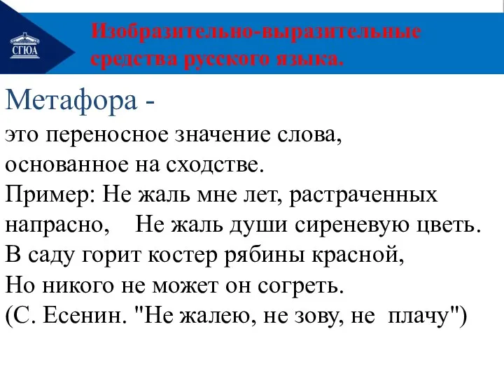 Изобразительно-выразительные средства русского языка. Метафора -это переносное значение слова, основанное