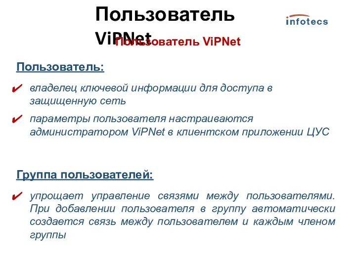 Пользователь ViPNet Пользователь ViPNet Пользователь: владелец ключевой информации для доступа