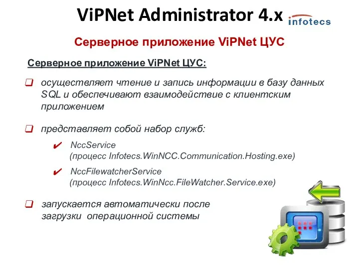 Серверное приложение ViPNet ЦУС Серверное приложение ViPNet ЦУС: осуществляет чтение