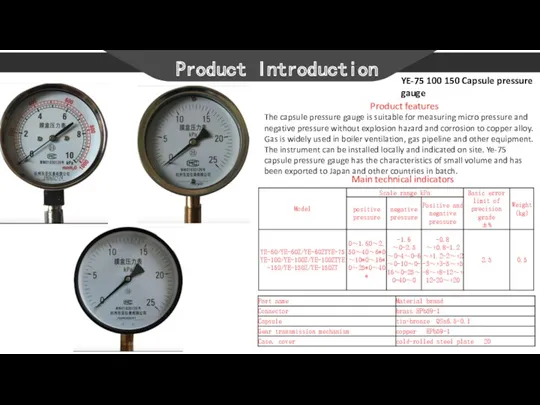 Product Introduction YE-75 100 150 Capsule pressure gauge Product features