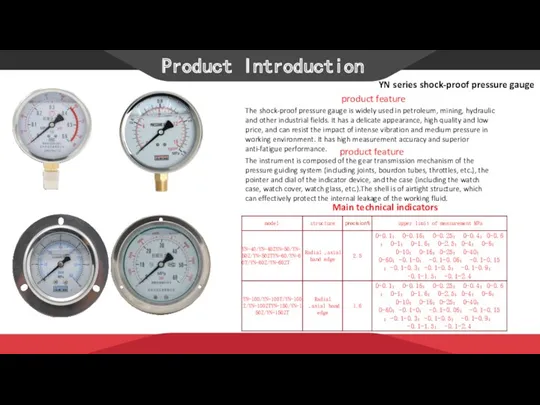 Product Introduction YN series shock-proof pressure gauge Main technical indicators