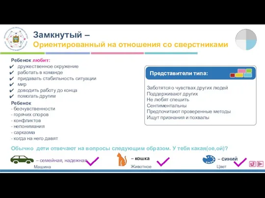 Замкнутый – Ориентированный на отношения со сверстниками Заботятся о чувствах