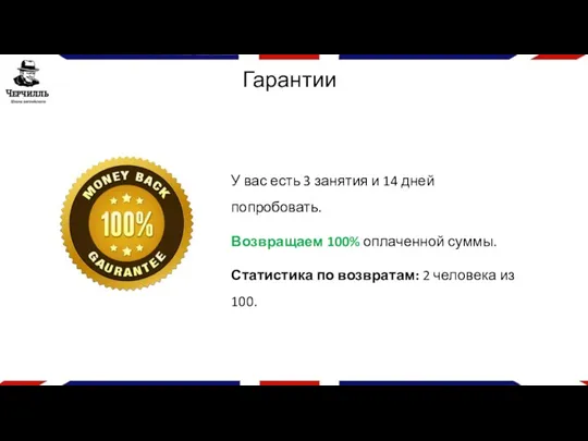 У вас есть 3 занятия и 14 дней попробовать. Возвращаем