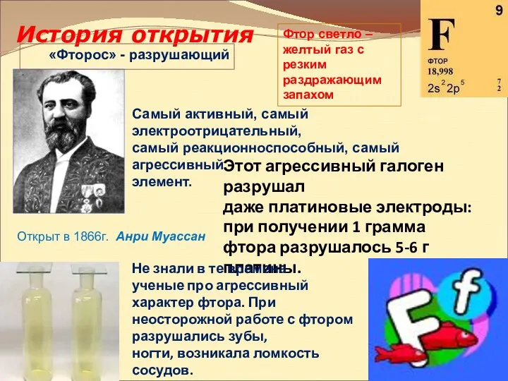 История открытия «Фторос» - разрушающий Открыт в 1866г. Анри Муассан